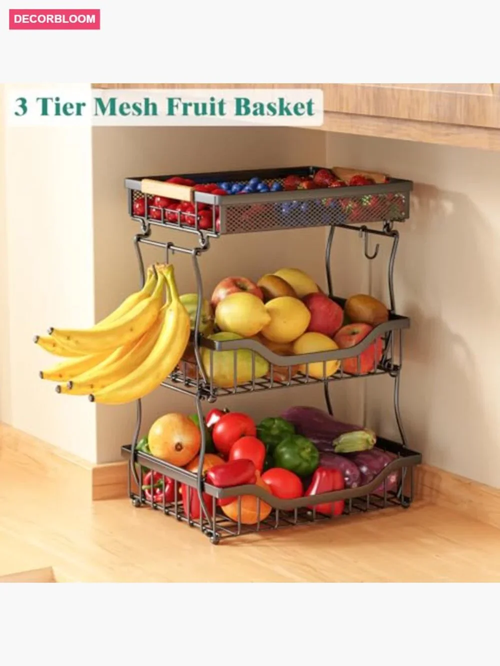 3 Tier Countertop Fruit Mesh Basket with Banana Hooks